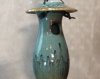 Hand Thrown Stoneware Pottery Bird House Volcano Blue