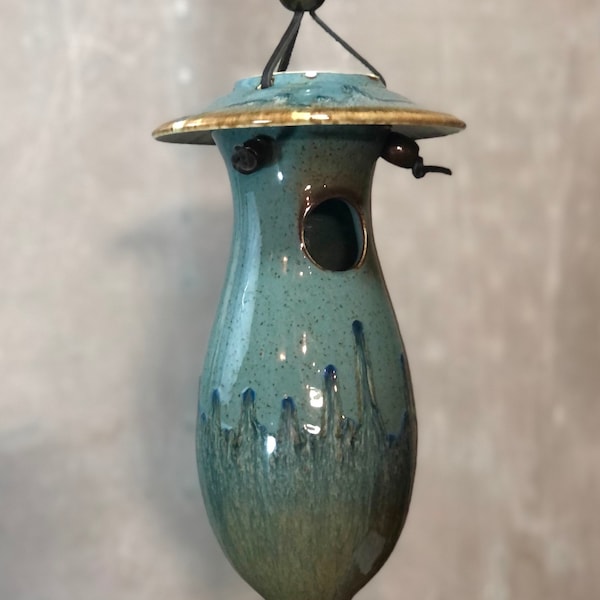 Hand Thrown Stoneware Pottery Bird House Volcano Blue