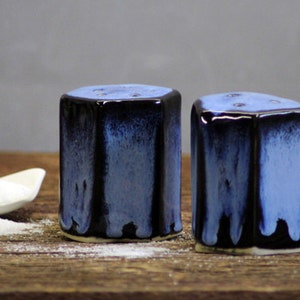Stoneware pottery Salt Pepper Shaker set Midnight Blue deep tone Short