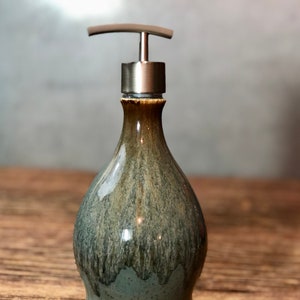 Hand Thrown Stoneware Soap Lotion Dispenser Pump Volcano Blue Wide