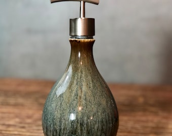 Hand Thrown Stoneware Soap Lotion Dispenser Pump Volcano Blue Wide