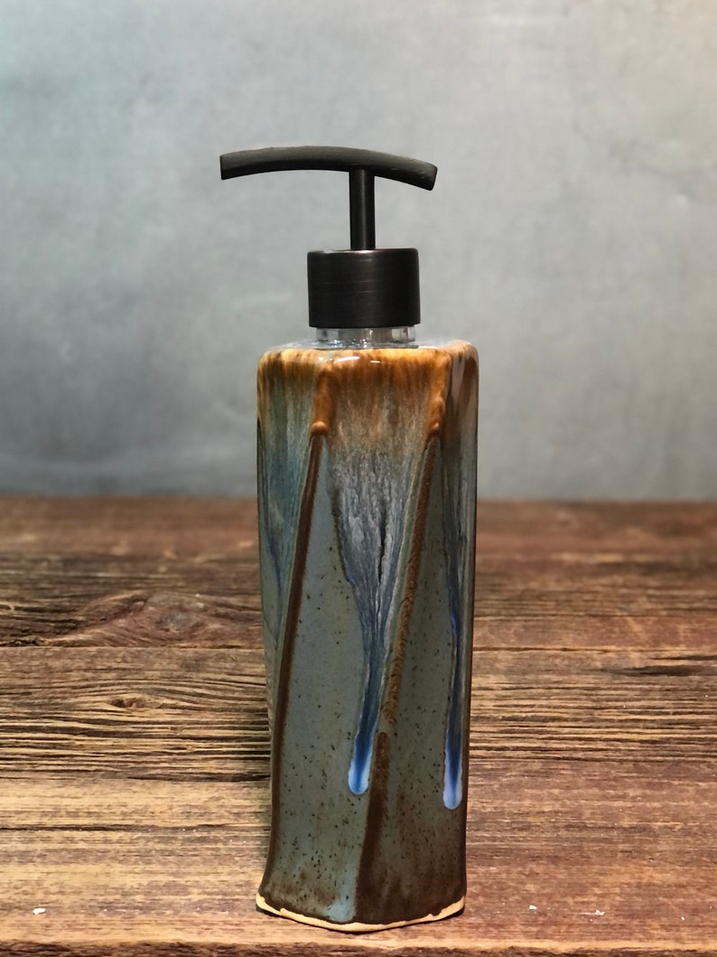 Hand Made Stoneware Soap Lotion Dispenser Pump Volcano Blue Etsy