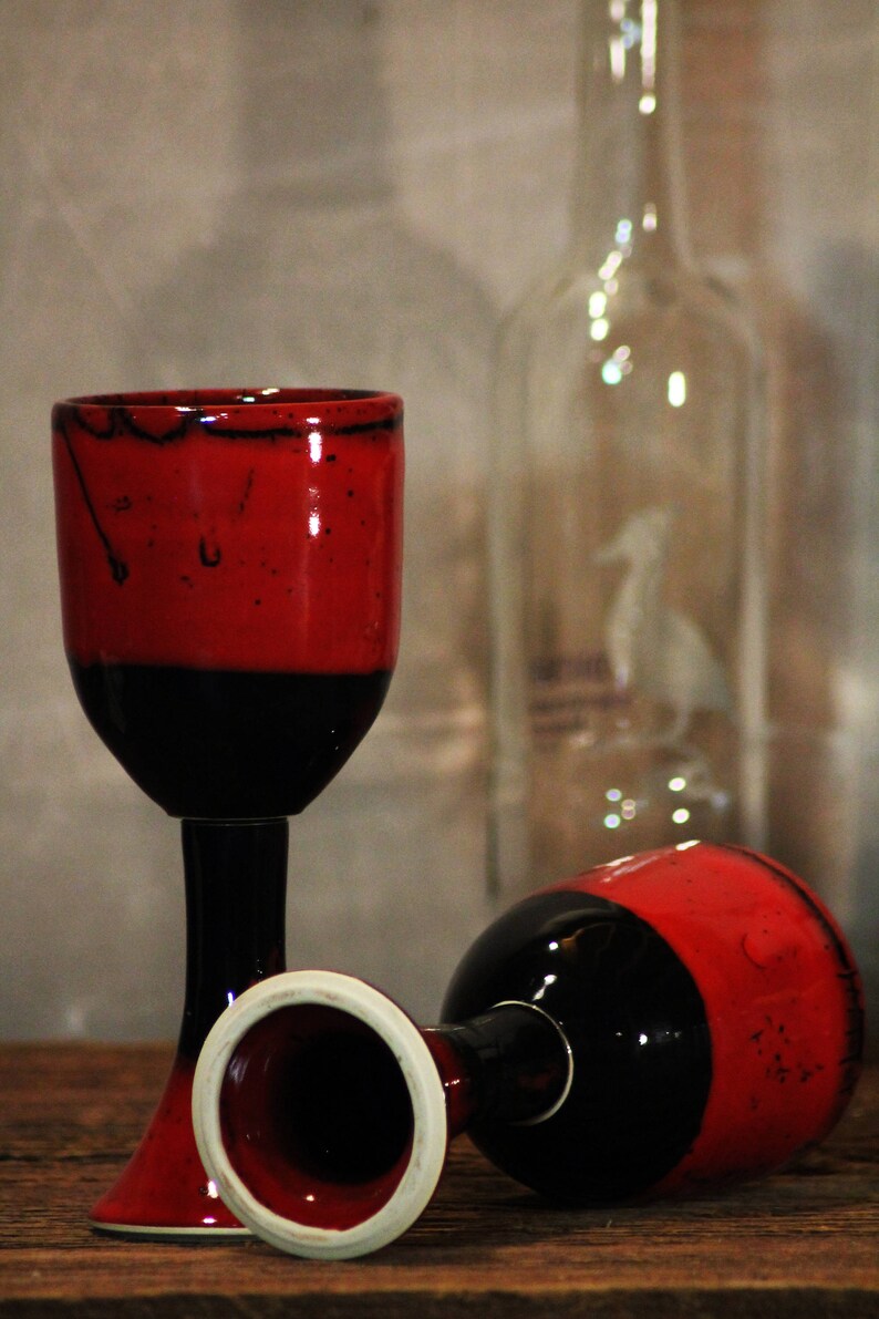 Saigon Red Stoneware Wine Goblets Pottery Handthrown Black image 3