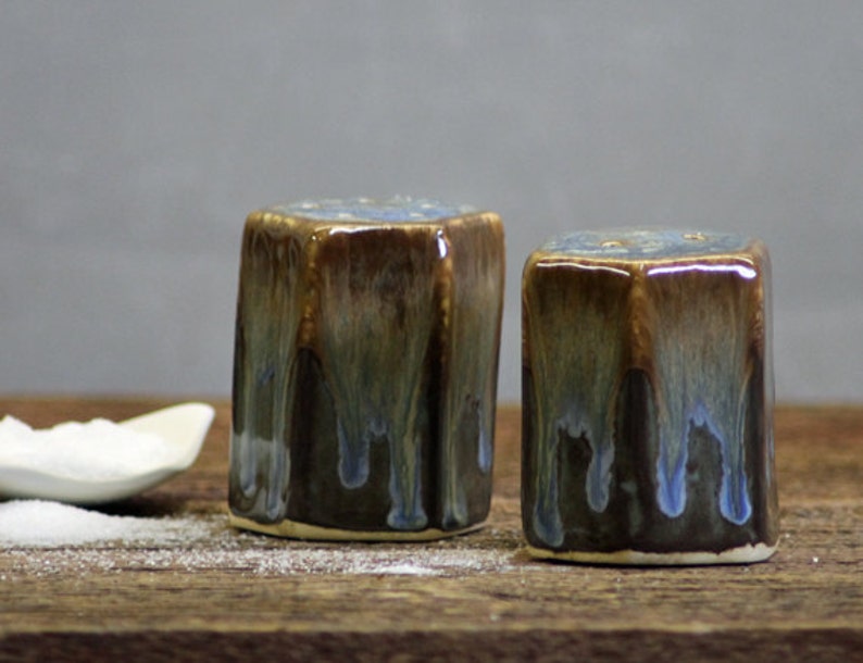 Stoneware pottery Salt and Pepper Shaker set Volcano Blue Short