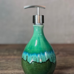 Handthrown Stoneware Soap Lotion Dispenser Pump Rainbow Trout Green Wide
