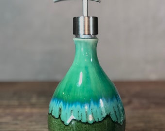 Handthrown Stoneware Soap Lotion Dispenser Pump Rainbow Trout Green Wide