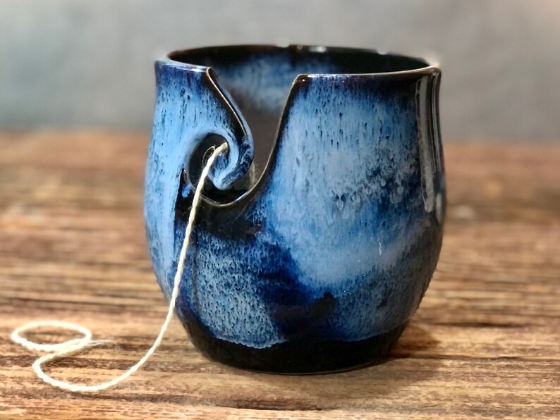 Yarn Bowl Hand Thrown Stoneware Midnight Blue Black Knitting Etsy