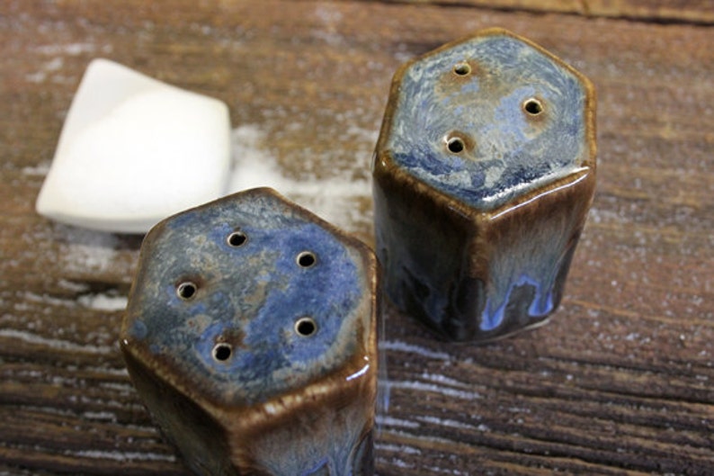 Stoneware pottery Salt and Pepper Shaker set Volcano Blue Short image 2