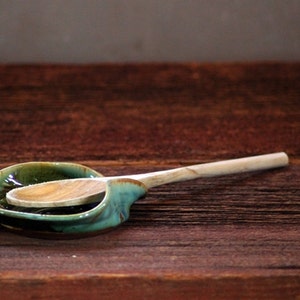 Stoneware pottery spoon rest Rainbow Trout Green Turquoise tone image 4