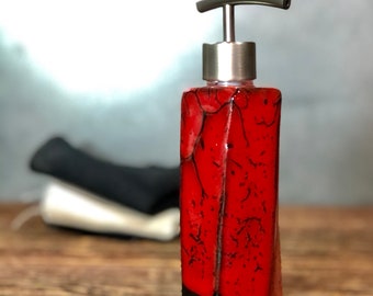 Hand Made Stoneware Soap Lotion Dispenser Pump Saigon Red Hexagon Style