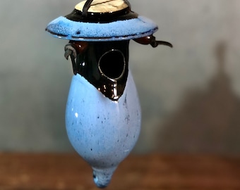 Hand Thrown Stoneware Pottery Mini Bird House Midnight Blue Black hummingbird finch