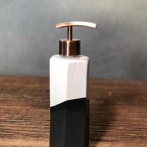 Hand Made Stoneware Soap Lotion Dispenser Pump White Black Hexagon Style