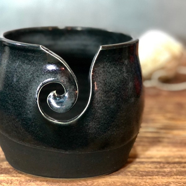 Yarn Bowl hand thrown stoneware Tourmaline Black knitting crochet