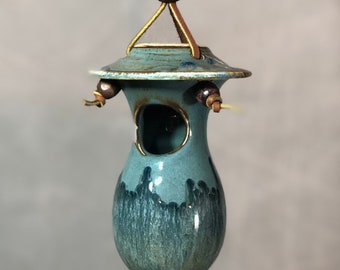 Hand Thrown Stoneware Pottery Mini Bird House Volcano Blue hummingbird finch