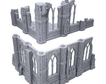 May include: A gray, ruined building with arched windows and a textured surface. The building is in two pieces, one on top of the other.