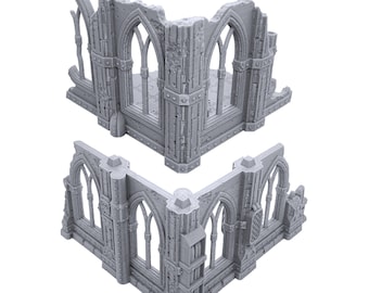 May include: A set of two gray, 3D printed, ruined building corner pieces. The pieces are designed to be used in tabletop games or dioramas. The pieces feature arched windows and crumbling stonework.