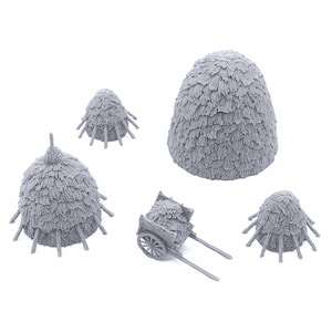 May include: Five gray, 3D printed, miniature hay bales. The bales are in various sizes and shapes, including a round bale, a square bale, and a bale in a wheelbarrow. The bales are made to look like they are made of straw.