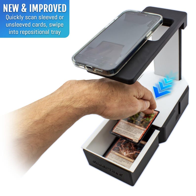 May include: A black and white card scanning device with a smartphone on top. The device is designed to scan sleeved or unsleeved cards. The text "NEW & IMPROVED" is in a blue box. A hand is placing a card into the device.