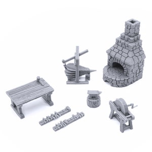 May include: A collection of miniature gray blacksmithing tools, including a forge, anvil, bellows, grinding wheel, and work table. The miniature set is designed with detailed textures and a rustic aesthetic.