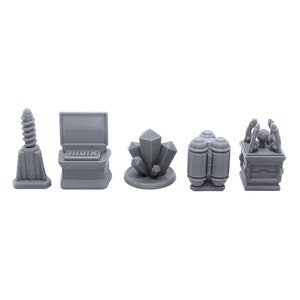 May include: Six gray 3D printed miniature objects, including a computer, a crystal, a set of canisters, a tower, and a small structure with a dome. The objects are arranged in a row on a white background.