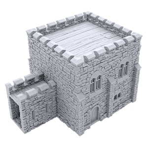 May include: A gray stone miniature castle with a crenellated roof, a small door, and two windows. The castle has a small, attached stone building with a door and a window.