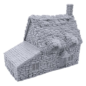 May include: A gray stone cottage with a thatched roof and a chimney. The cottage has a door and several windows. The model is made of plastic and is designed for tabletop gaming.