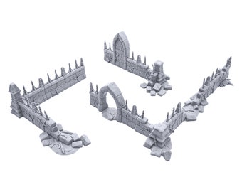 May include: A set of five gray, stone wall sections with vines and ivy growing on them. The sections include a straight wall, a curved wall, a wall with an archway, and two corner pieces. The walls are designed for use in tabletop games and role-playing games.