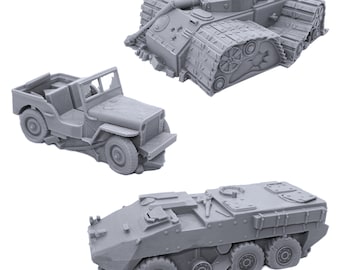 May include: Three grey toy military vehicles: a jeep, a tank, and an armoured personnel carrier. The vehicles are made of plastic and have realistic details.