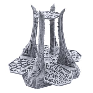 May include: A gray, 3D printed, hexagonal base with four tall, spired structures rising from the center. The base has a detailed, organic design with intricate patterns and textures. The spires are also detailed with intricate patterns and textures.