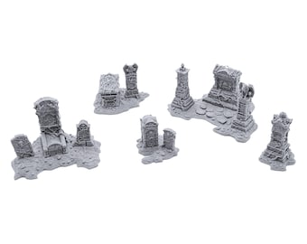 May include: A set of six gray, 3D printed miniature tombstones and pillars, perfect for tabletop gaming or miniature dioramas.
