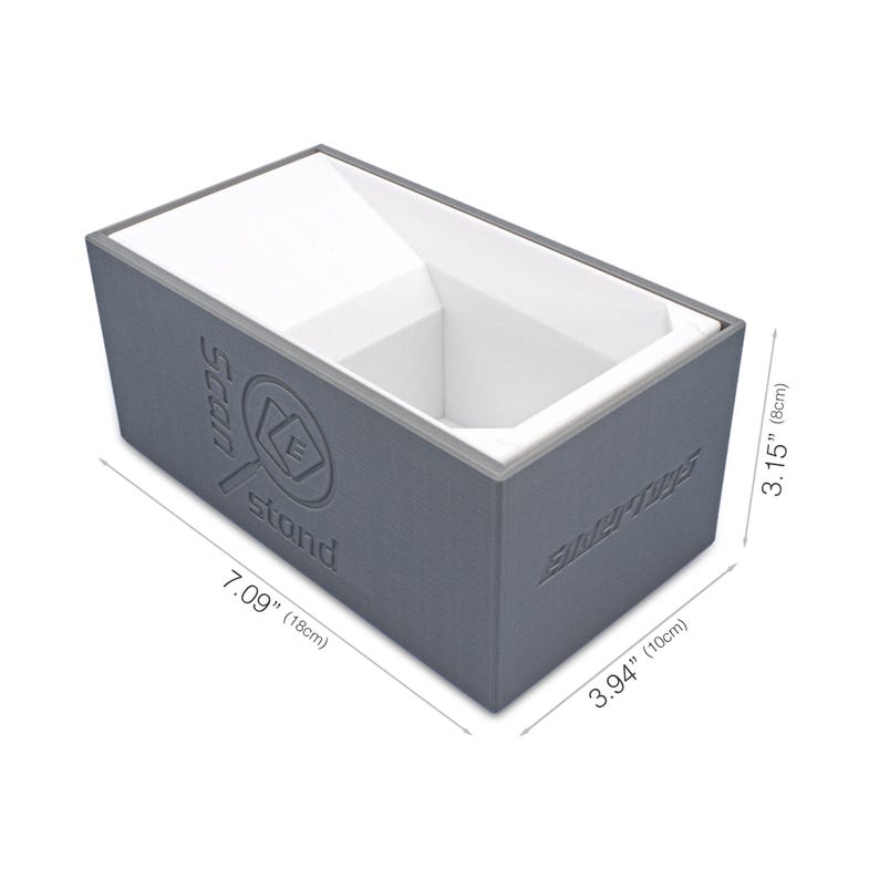May include: A gray plastic storage box with the words "Scan Stand" embossed on the side. The box measures 7.09 inches by 3.94 inches by 3.15 inches.