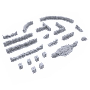 May include: A set of gray stone wall pieces for tabletop gaming. The set includes straight walls, corner walls, and curved walls, as well as some rubble pieces.