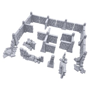 May include: A set of gray plastic miniature castle wall pieces for tabletop gaming. The set includes intact walls, broken walls, and pillars.