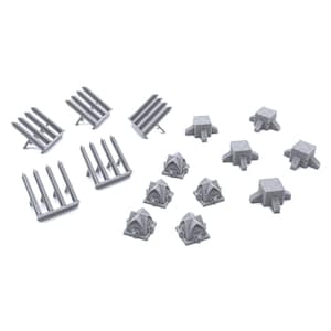 May include: A set of 15 grey plastic miniature dungeon pieces, including spiked barricades, pillars, and dome-shaped structures.