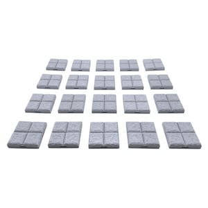 May include: A set of 18 gray concrete pavers, arranged in a staggered pattern. Each paver has a square shape with four raised squares on the top surface.