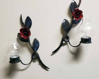 Red Rose Candle Holder - Set of Two for Wall-mounted Metal Art Decor | Home Decor | Thanksgiving Gift | Housewarming Gift |  Christmas Gift