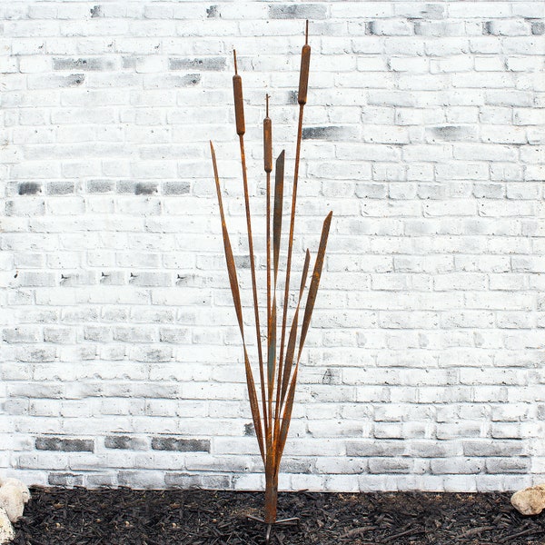 Large Rustic Cattail Bulrush Sculpture: Metal Bulrush | Handcrafted Metal Art | Interior Decor & Garden Ornament