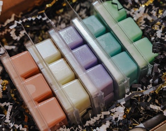 May include: A set of six wax melts in a variety of colors, including pink, white, purple, green, and blue. The wax melts are packaged in clear plastic containers and are nestled in shredded paper.
