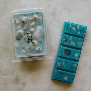 Peut inclure: Une fonte de cire bleue avec un symbole du zodiaque des Poissons et des coquillages. La fonte de cire est dans un récipient en plastique transparent. La fonte de cire est également disponible sous forme de barre.