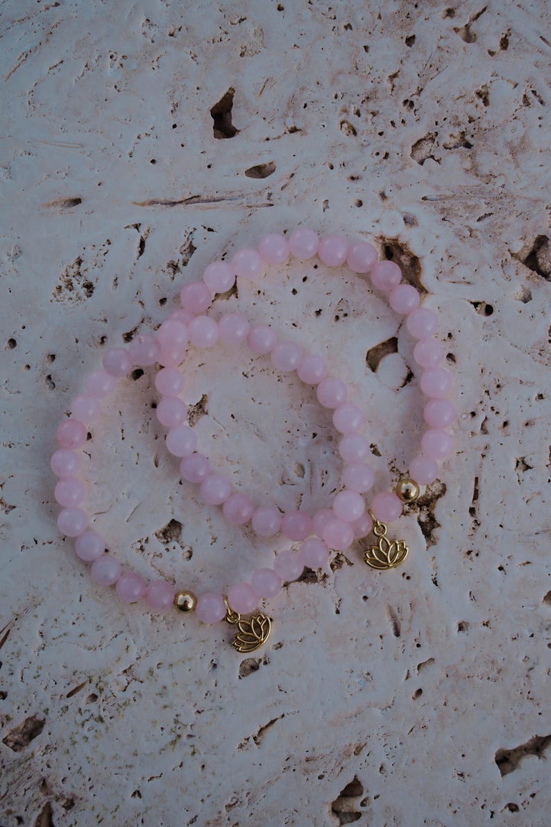 Semi-Precious Rose Quartz Crystal Bracelet with Gold Lotus Charm | Promotes Self-Love, Friendship, Deep Inner Healing & Peace image 2