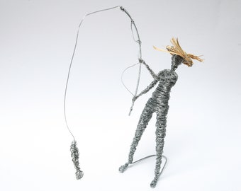 Fisherman Wire Sculpture – Fishing Man with Rod, Gift for Fisherman, Angler Art