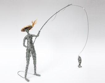 Handmade Fisherman Sculpture in Wire – Figurative Coastal Art Piece