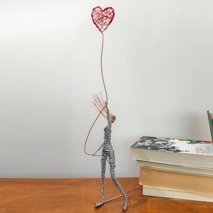 Girl figure with Red Heart, Modern Sculpture, Unique Handmade Wire Art,  Tabletop Unique Cute Valentine&#39;s Day Gifts, Anniversary