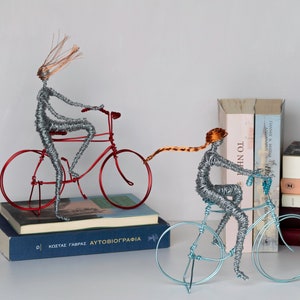 Cycling Gifts, Set of Two Bicycle Sculptures, Wire Art, Modern Sculpture, Racing Cyclist Sculpture, Bike Gifts, Different Color Size