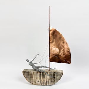 Man Figure on Wooden Sailboat, Shelf Decor Wire Sculpture, Sailing Sculpture, Nautical Living Room Decor, Sailing Lovers Gift, Wooden boat