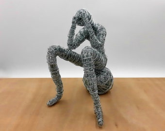 Idée de décoration de salon, Thinking Man Wire Sculpture, Modern 3D Art