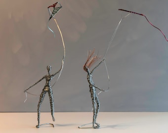 Set of two Kite Flying Wire Sculptures, Colorful Kite a Nice Gift for Him or Her, Joyful Art for House Decoration.