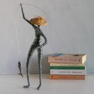 Fisherman Sculpture, Wire Sculpture, Tabletop Sculpture Art, Coastal Interior, Unique Gift, Man Sculpture, Gifts for Fisherman, Gift for Him