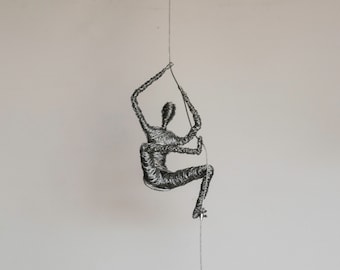 Wire Rock Climber Sculpture: Handmade Metal Wall Art