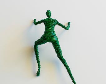 Green Wire Wall Climber Sculpture – Handmade Modern Art
